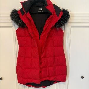 The North Face Women's Red Puffer Vest with Faux Fur Trim